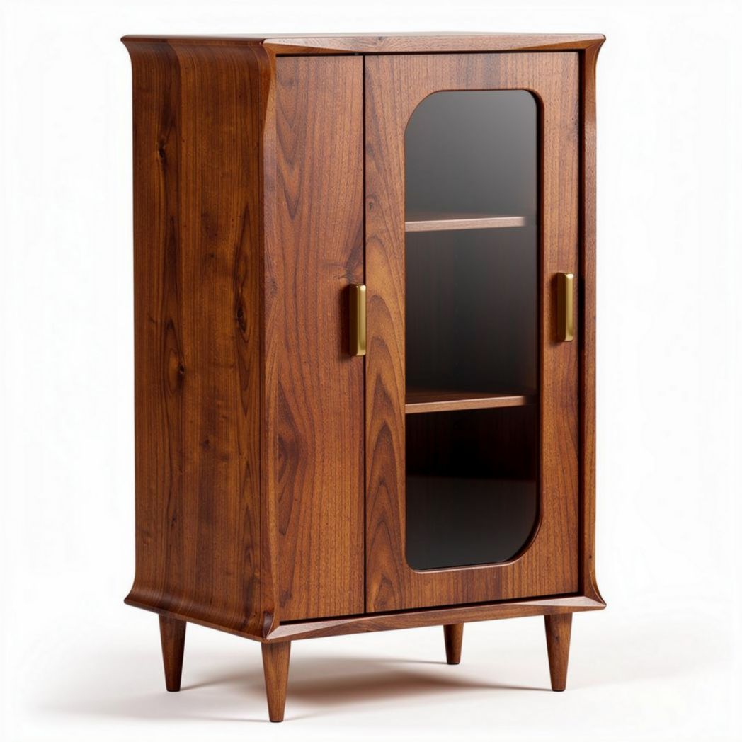 Meuble de rangement vintage en bois de noyer dimensions 80 x 40 x 120cm avec portes en verre transparent