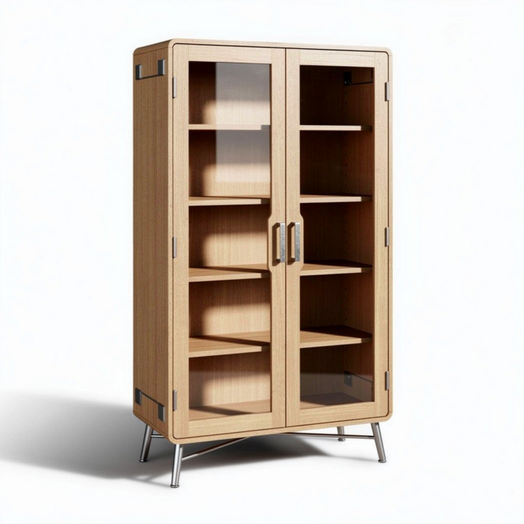 Meuble de rangement en bois clair avec portes vitrées 80 x 40 x 160cm