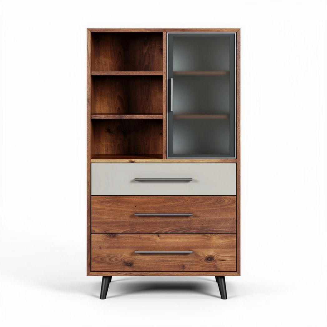 Buffet en bois massif avec quatre étagères et trois tiroirs de rangement